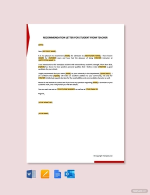 Recommendation Letter for Student From Teacher Recommendation Letter for Student From Teacher