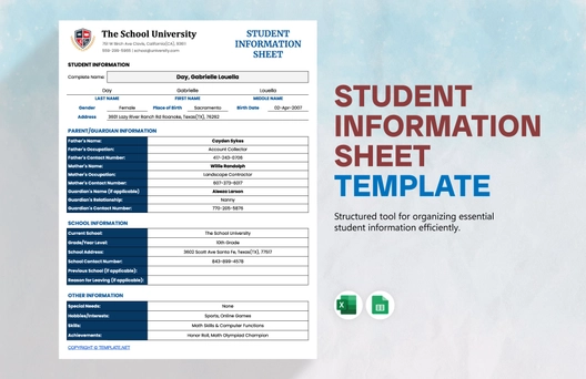 Student Information Sheet Template