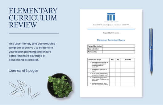 Elementary Curriculum Review Checklist Elementary Curriculum Review Checklist