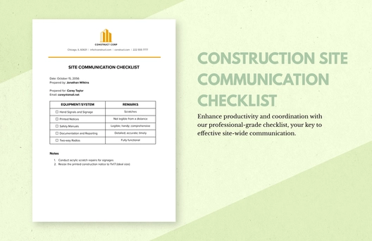 Construction Site Communication Checklist Template