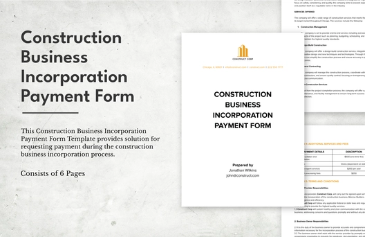 Construction Business Incorporation Payment Form Template