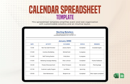 Calendar Spreadsheet Template