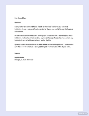 Reference Letter for a Teacher Reference Letter for a Teacher