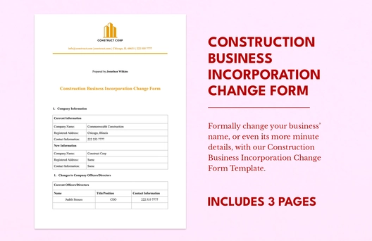 Construction Business Incorporation Change Form