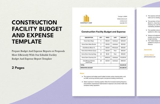 Construction Facility Budget and Expense Template