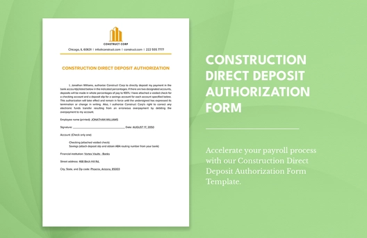 Construction Direct Deposit Authorization Form