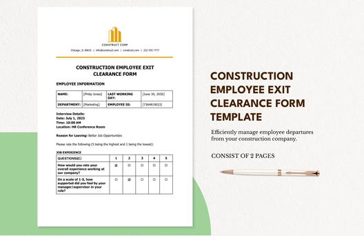 Construction Employee Exit Clearance Form Template
