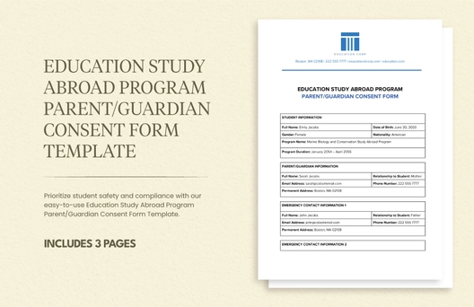 Education Study Abroad Program Parent/Guardian Consent Form Template