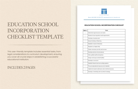 Education School Incorporation Checklist Template