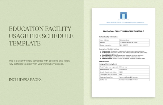 Education Facility Usage Fee Schedule Template