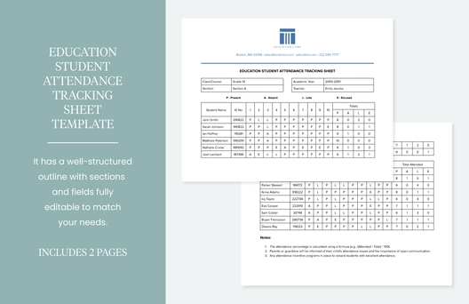 Education Student Attendance Tracking Sheet Template