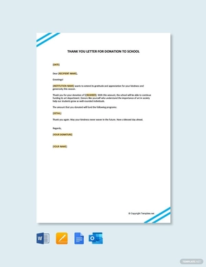Thank You Letter For Donation To School