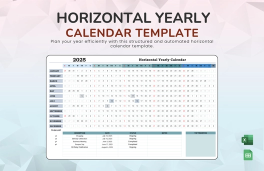Horizontal Yearly Calendar Template