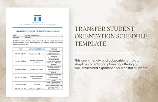 Transfer Student Orientation Schedule Template