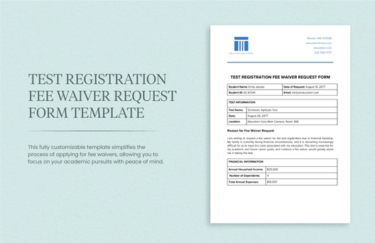Test Registration Fee Waiver Request Form Template