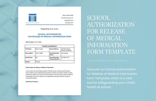 School Authorization for Release of Medical Information Form Template