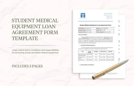 Student Medical Equipment Loan Agreement Form Template