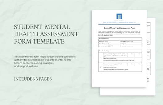Student  Mental Health Assessment Form Template