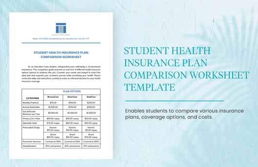 Student Health Insurance Plan Comparison Worksheet Template