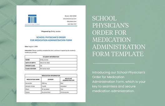 School Physician's Order for Medication Administration Form Template