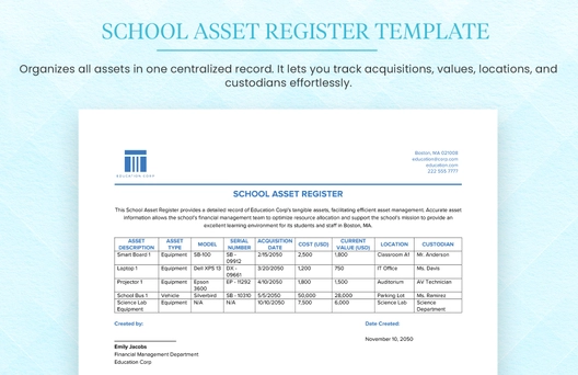 School Asset Register Template