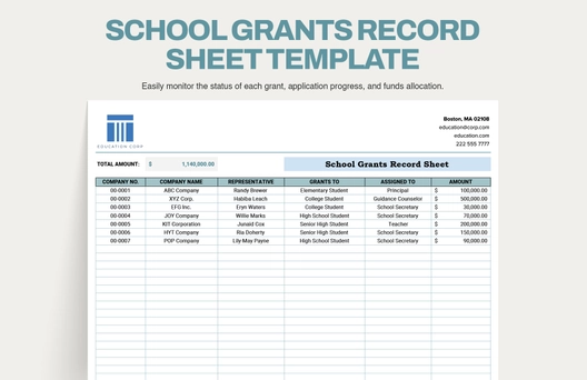 School Grants Record Sheet Template