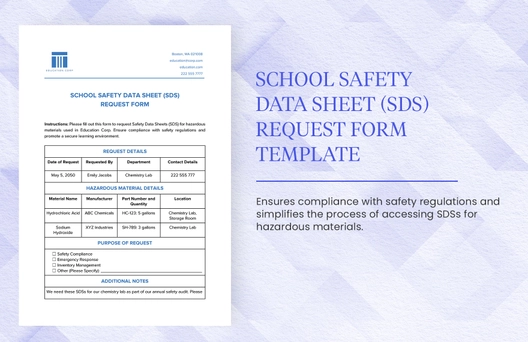 School Safety Data Sheet (SDS) Request Form Template