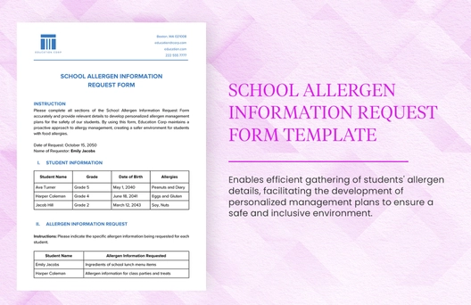 School Allergen Information Request Form Template