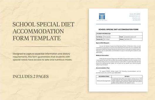 School Special Diet Accommodation Form Template