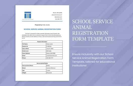 School Service Animal Registration Form Template