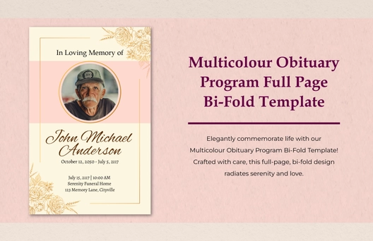 Multicolour Obituary Program Full Page Bi-Fold Template