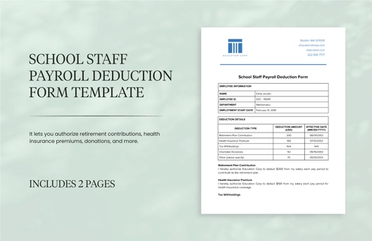 School Staff Payroll Deduction Form Template