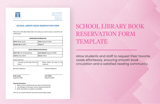 School Library Book Reservation Form Template