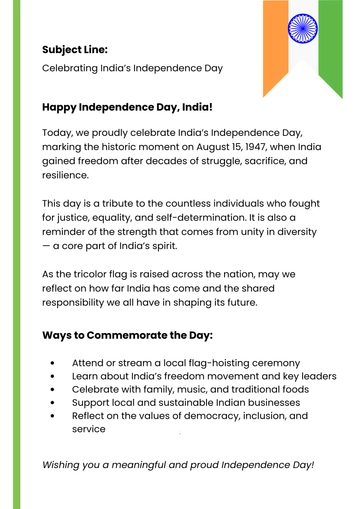 Free India Independence Day Email Template to Edit Online