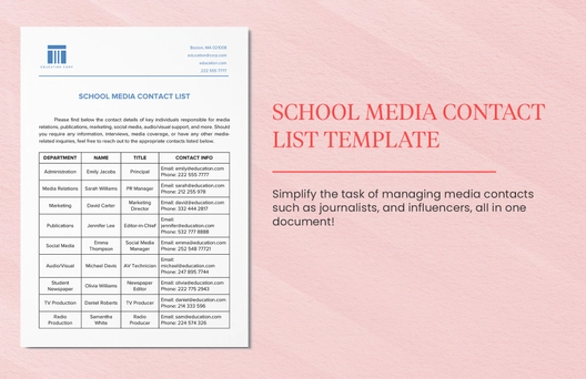 School Media Contact List Template