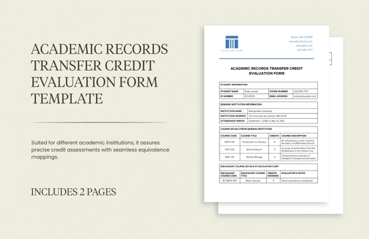 Academic Records Transfer Credit Evaluation Form Template