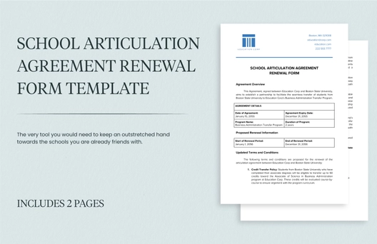 School Articulation Agreement Renewal Form Template
