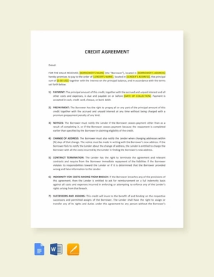 Credit Agreement Sample Template