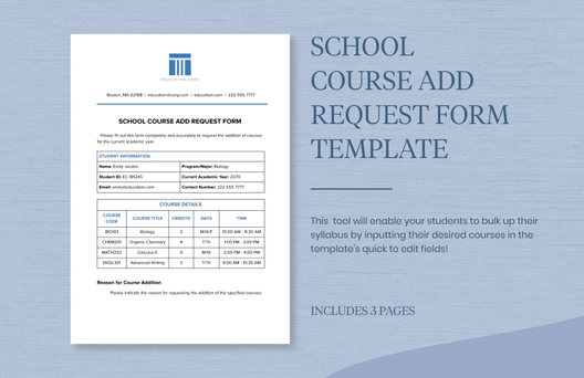 School Course Add Request Form Template