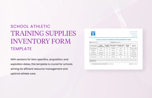 School Athletic Training Supplies Inventory Form Template