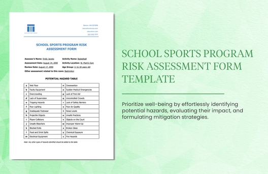 School Sports Program Risk Assessment Form Template School Sports Program Risk Assessment Form Template