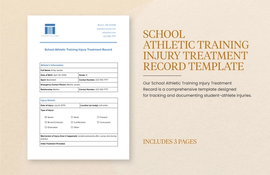 School Athletic Training Injury Treatment Record Template