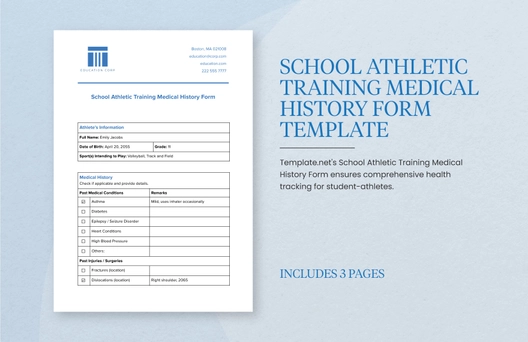 School Athletic Training Medical History Form Template