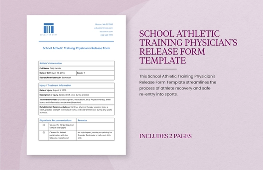 School Athletic Training Physician's Release Form Template