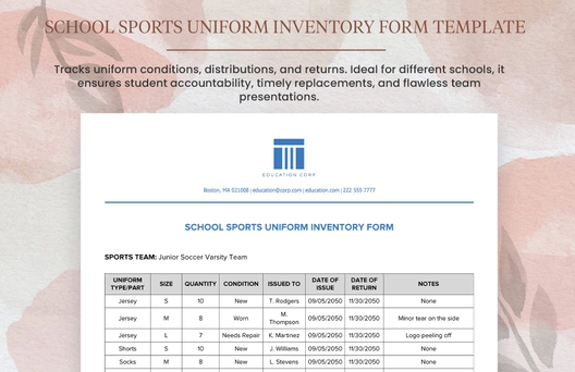 School Sports Uniform Inventory Form Template