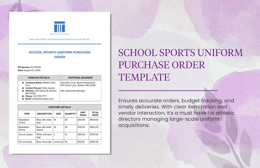 School Sports Uniform Purchase Order Template
