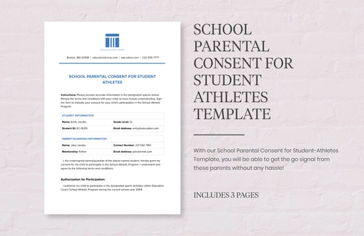 School Parental Consent for Student Athletes Template