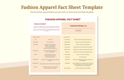 Fashion Apparel Fact Sheet Template
