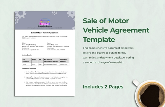 Sale of Motor Vehicle Agreement Template