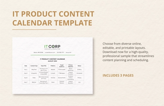IT Product Content Calendar Template IT Product Content Calendar Template